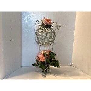 vintage hot air balloon metal hanging decor twisted wire flowers 17”x6 1/2”